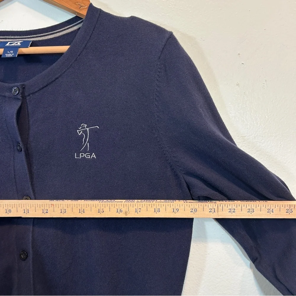Cutter & Buck Navy Blue Cardigan LPGA Gray Cuffs Women’s Preppy Golf Activewear